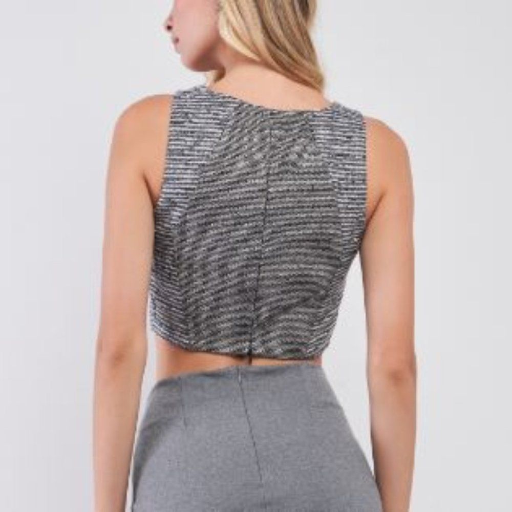 #37 Grey & Black Tweed Glitter Weave Sleeveless Crew Neck Cut-Out Crop Top - Picture 3 of 5